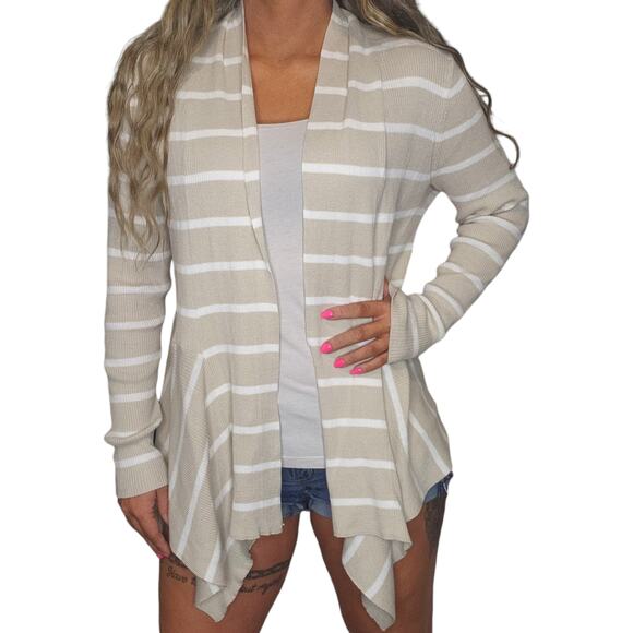 Tan Striped Cardigan Womens 1X High Low Knit Ribbed White Beige Boho Bohemian - Picture 1 of 13